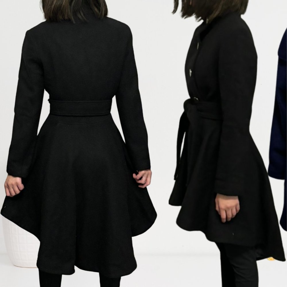 Women's Fit and Flare High and Low Hem Wool Blend Coat, Black, Size 4